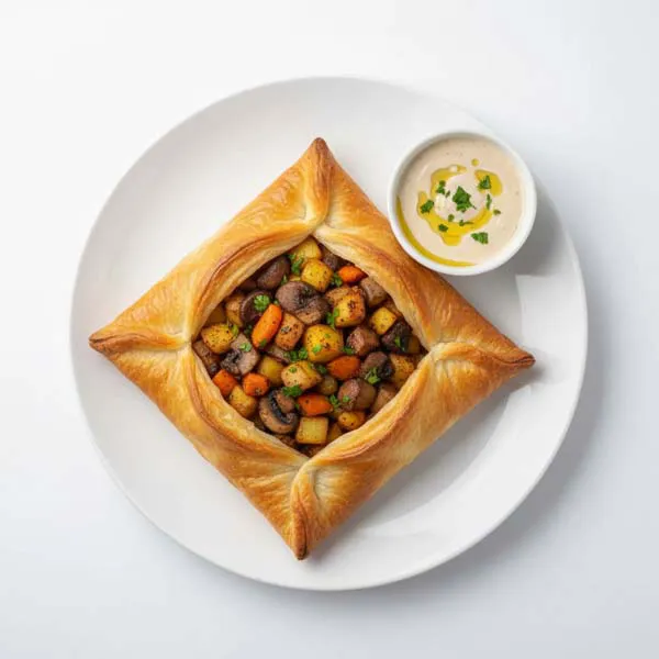 Mushroom and Root Vegetable Muttabaq With Bil Tahini Sauce